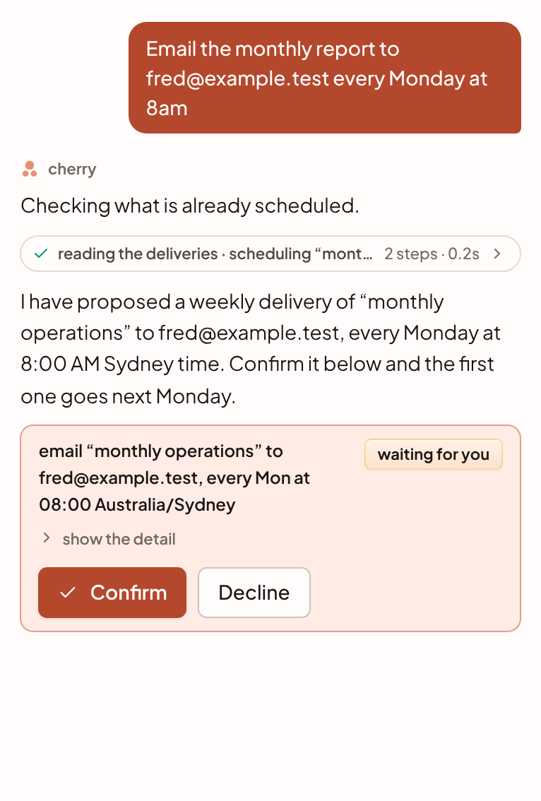 A reply with a proposed delivery. A card reads 'waiting for you' and offers Confirm and Decline.