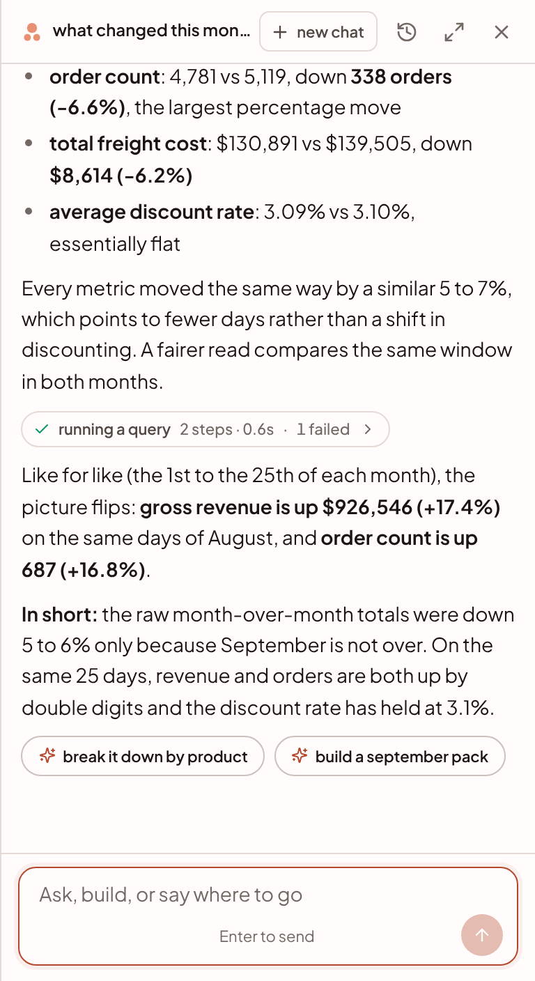 A reply in the pane: a line of steps between two paragraphs, then two suggested next questions.
