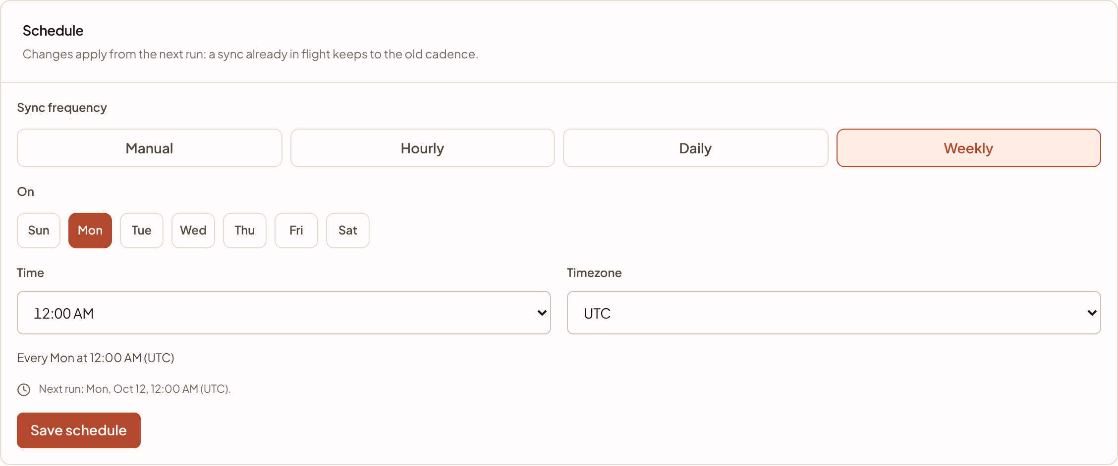 The Schedule panel on a connection's Settings tab, set to weekly on Monday.