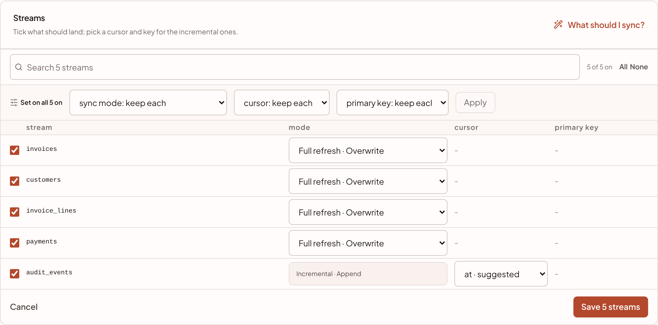The stream picker, with five streams, a mode for each and a bar to set a mode, cursor or key on all of them.