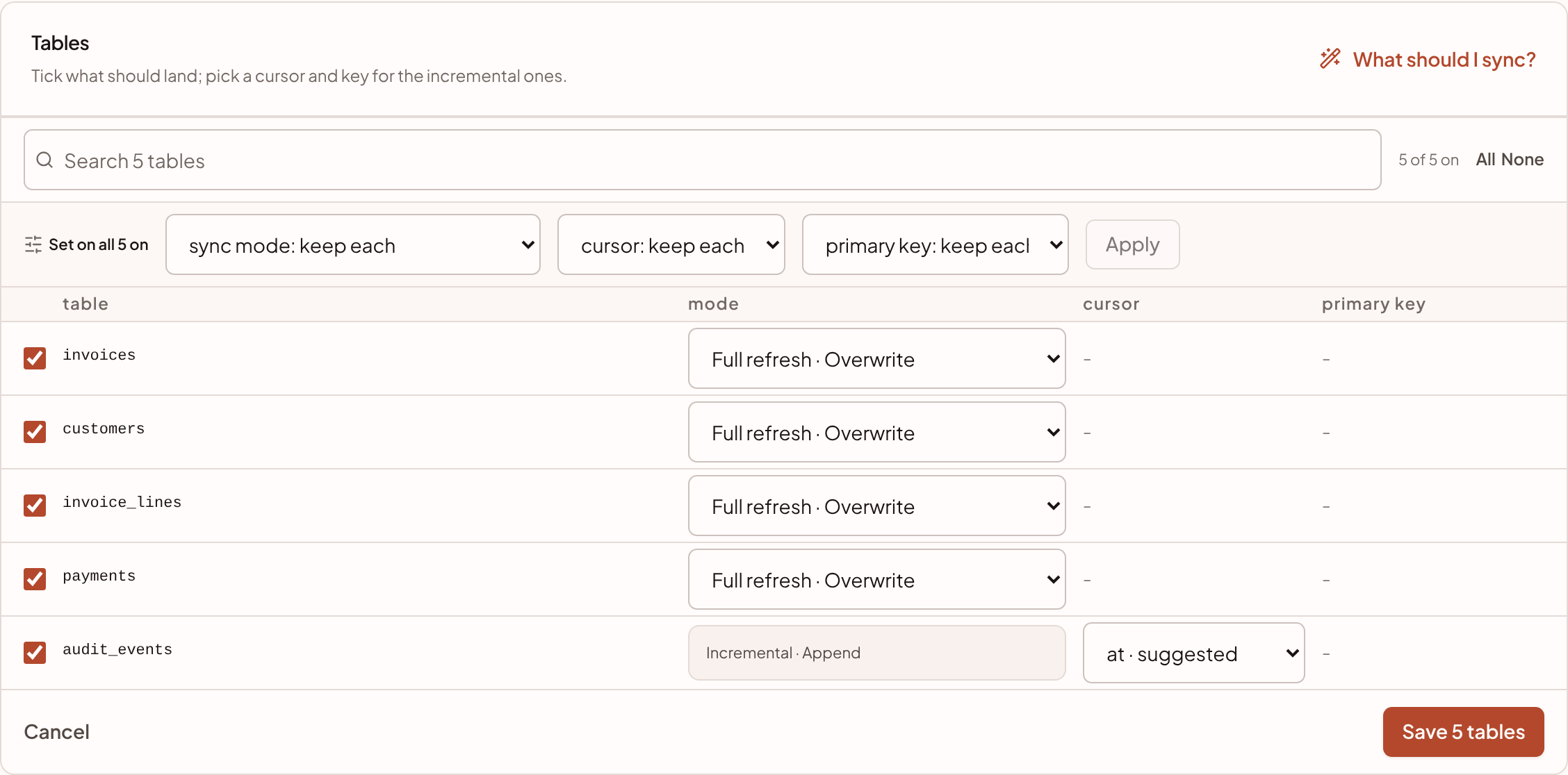 The table picker, with five tables, a mode for each and a bar to set a mode, cursor or key on all of them.