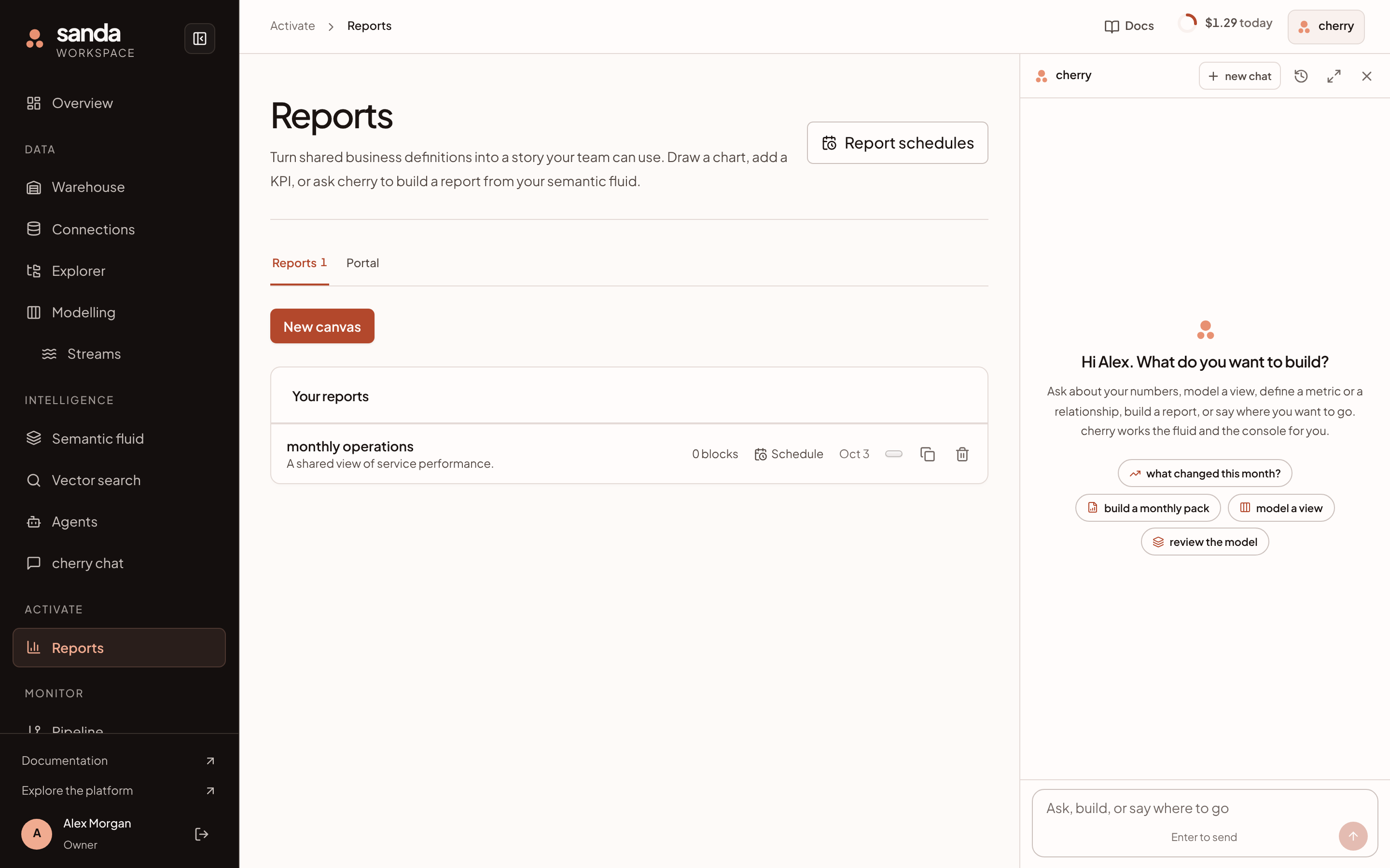 The Reports page in the console, with the left navigation, the top bar and the cherry pane open on the right.