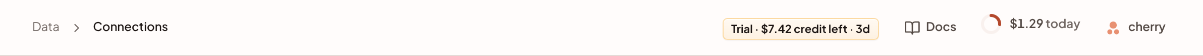 The top bar on the Connections page, showing the trial pill with credit left and days remaining, the Docs link, the AI usage ring, and the cherry button.