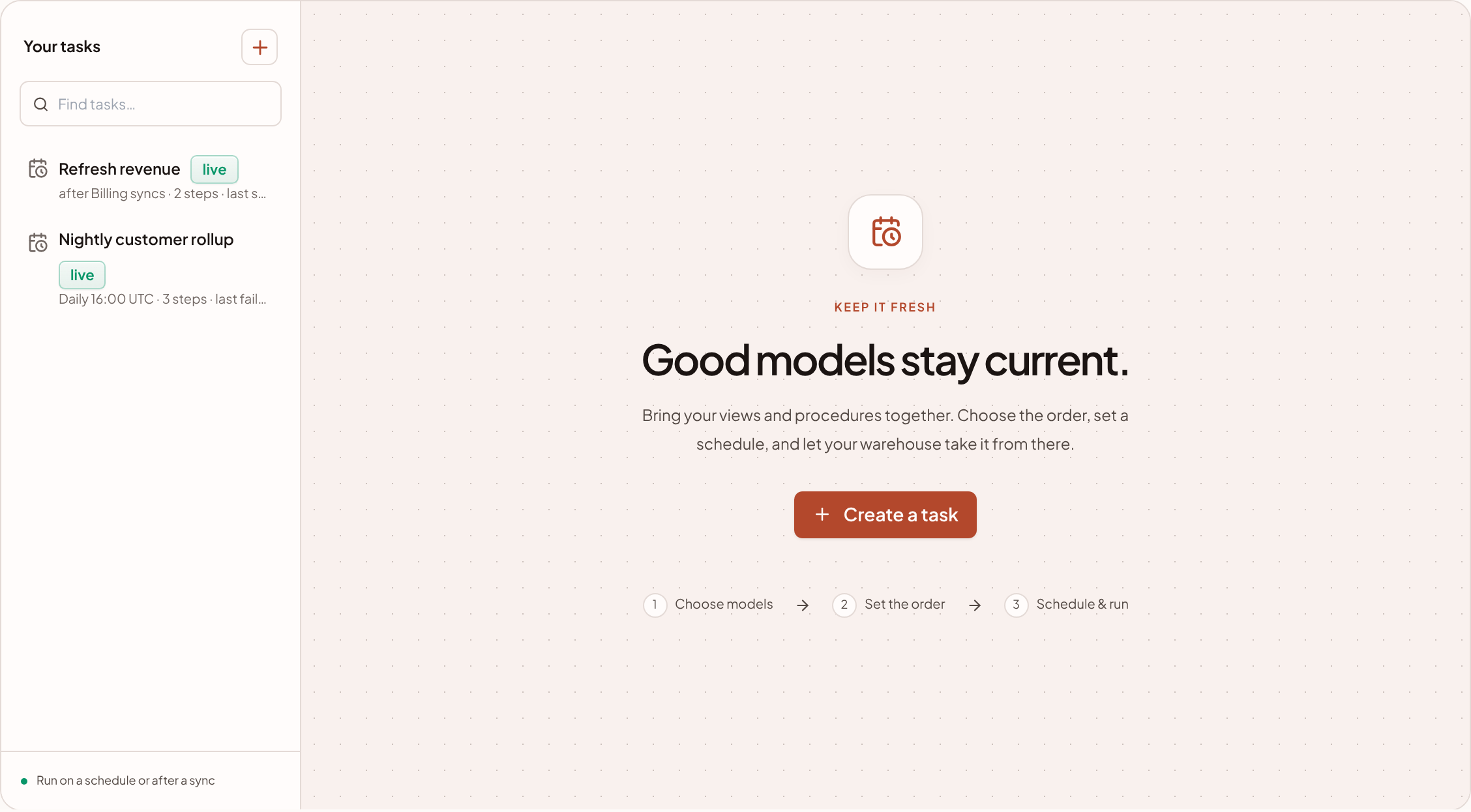 The Tasks tab of Modelling, listing two tasks