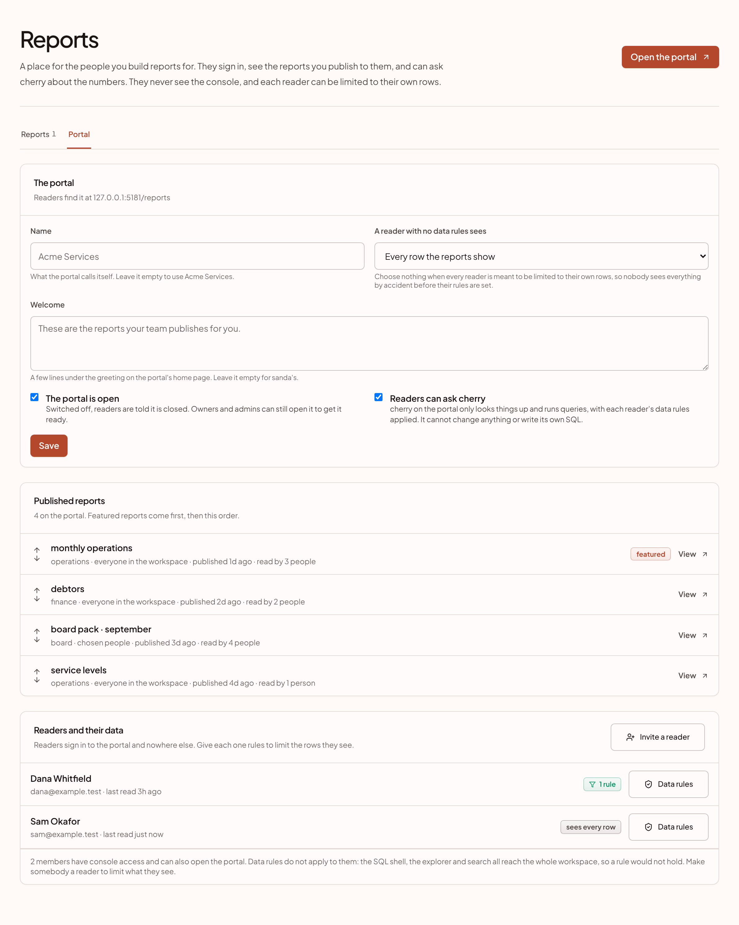 The Portal tab of the Reports page: The portal settings, Published reports and Readers and their data.