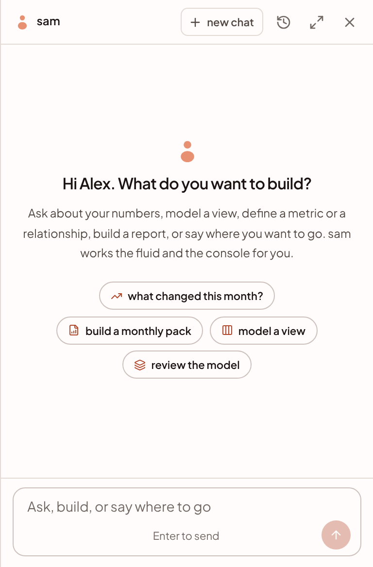 The sam pane on a new conversation, with four suggested first questions and the box to ask in.