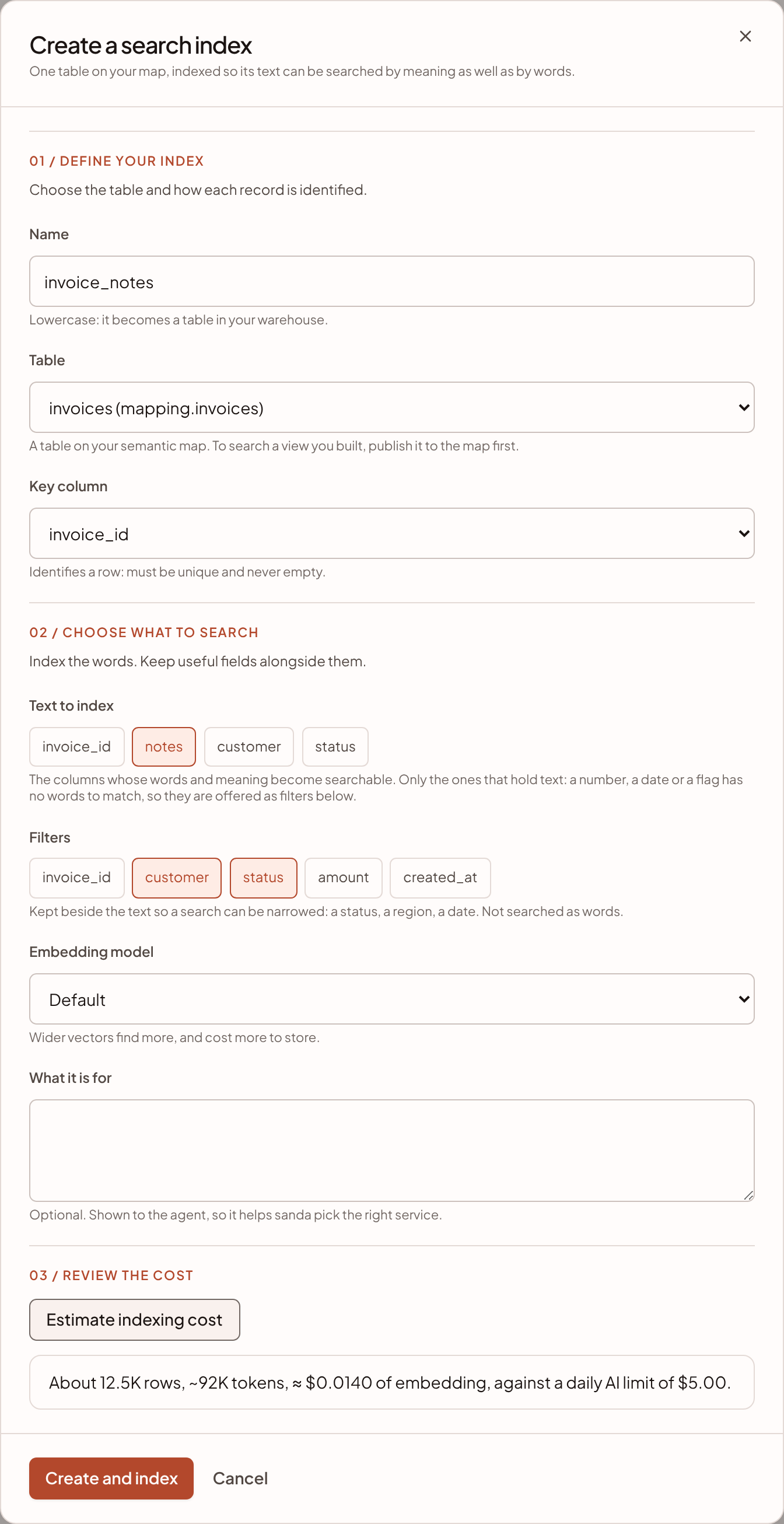 The Create a search index form with a table, a key, one text column and two filter columns chosen, and an estimate shown.