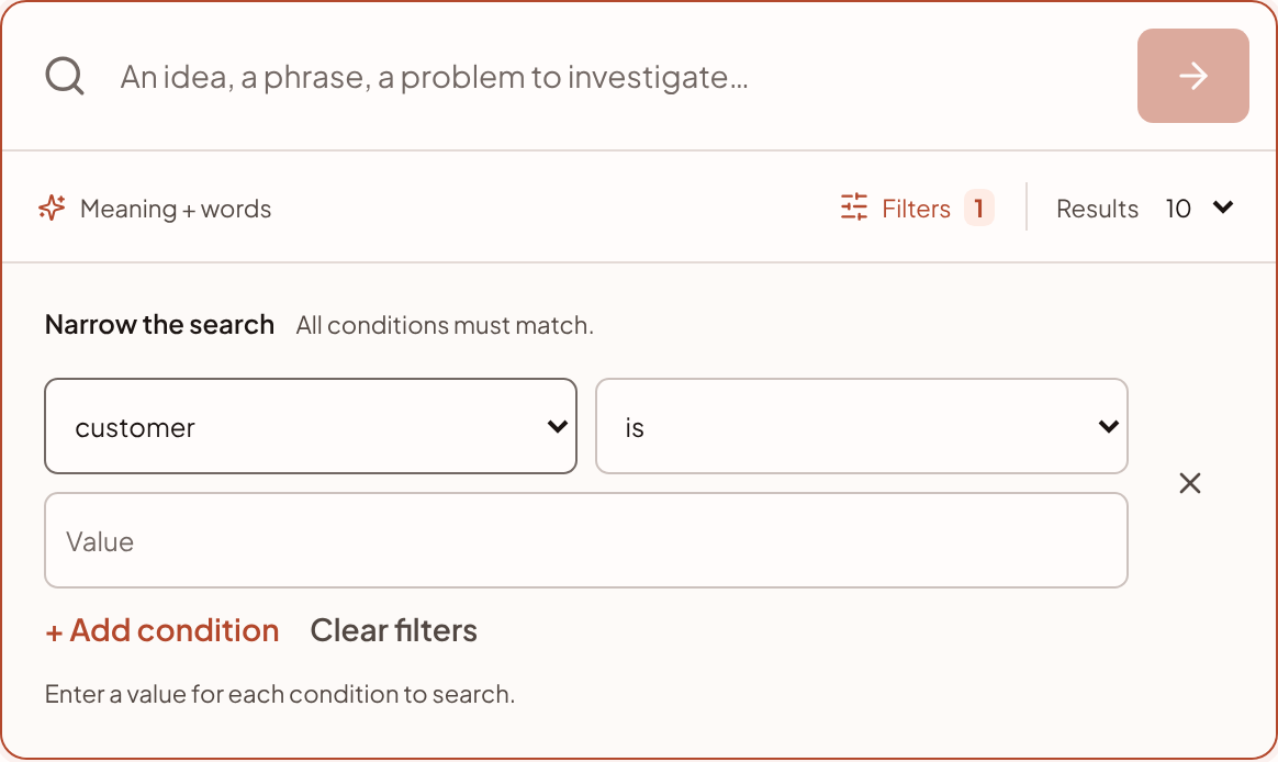 The search box with the Filters panel open, showing one condition on the customer column.