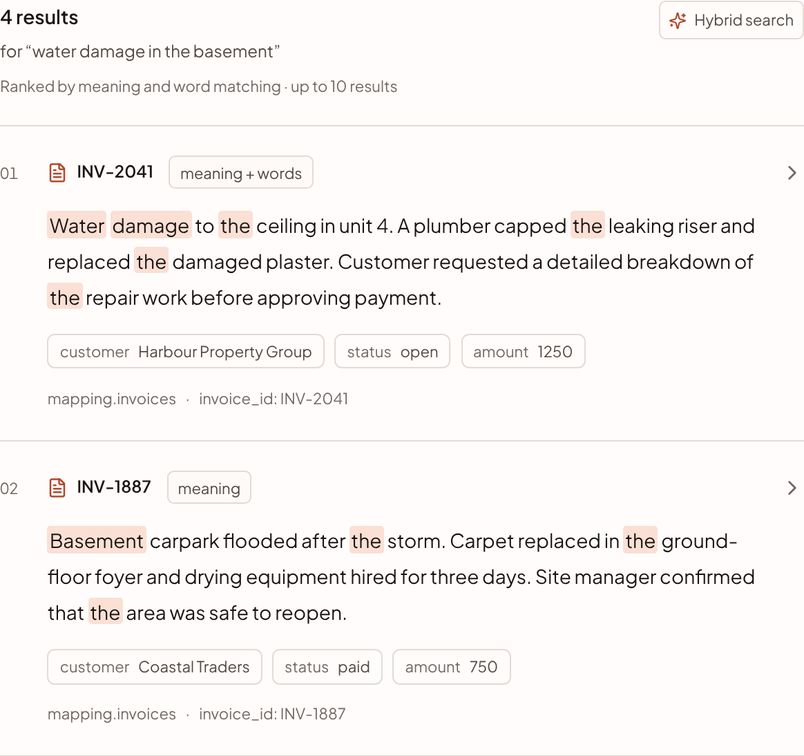 Two search results, each with the record key, how it matched, an excerpt with the matching words highlighted, and its filter values.
