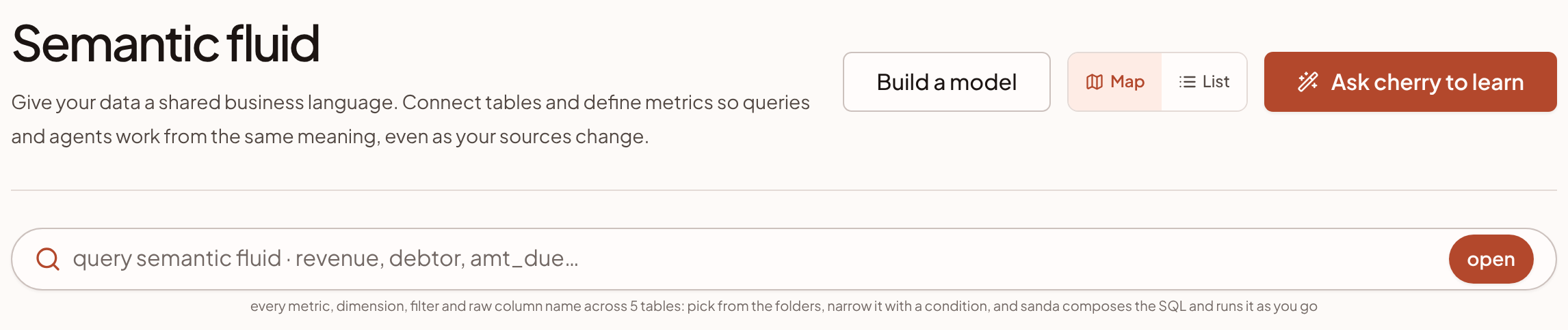 The top of the Semantic fluid page: the Build a model button, the Map and List switch, the Ask cherry to learn button, and the query semantic fluid bar.