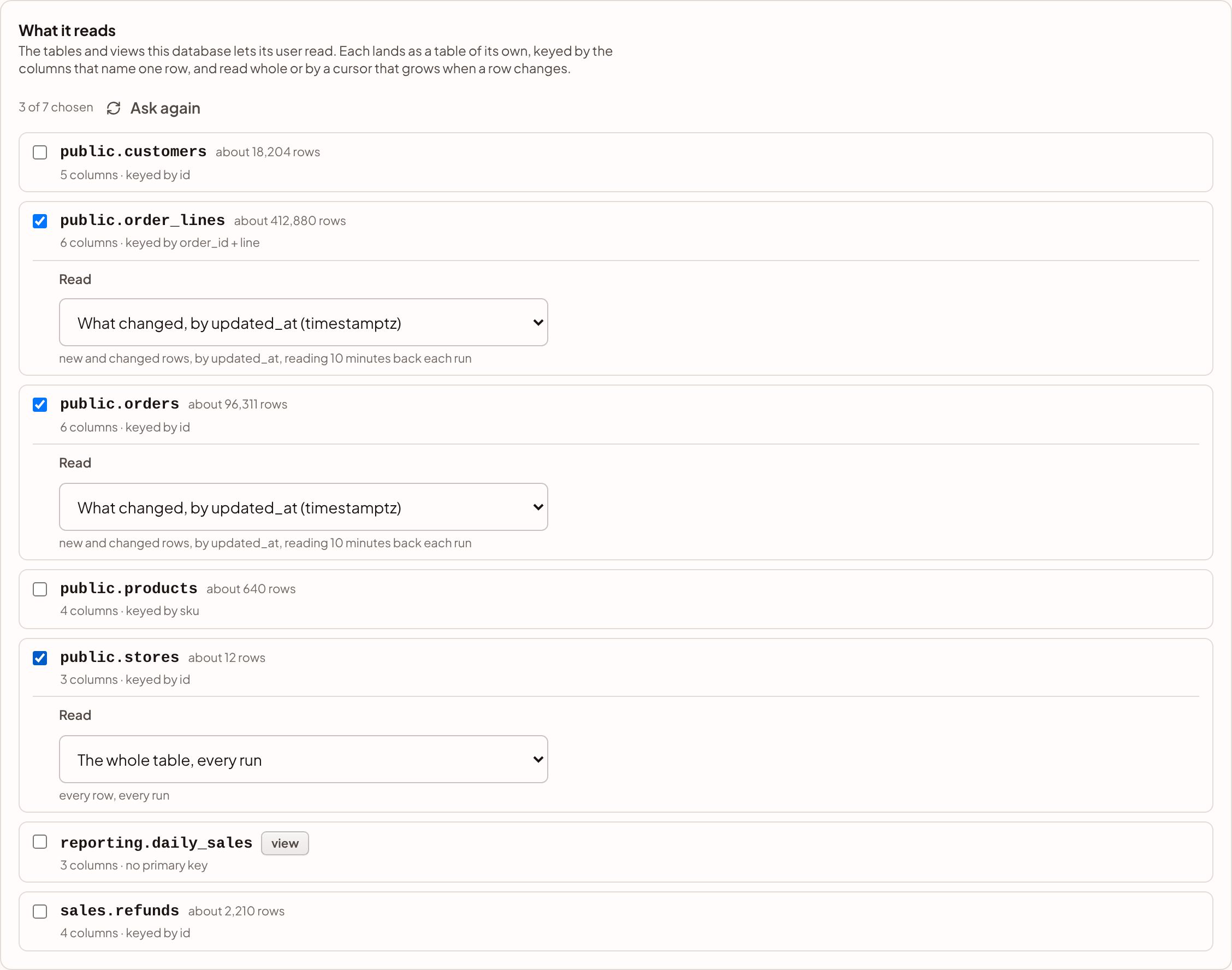 The What it reads section of a new Postgres stream, with three tables ticked and each one's read chosen.